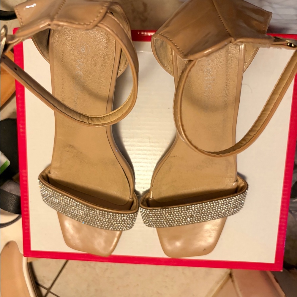 Elegant Tan Women's Heels with Rhinestone Strap